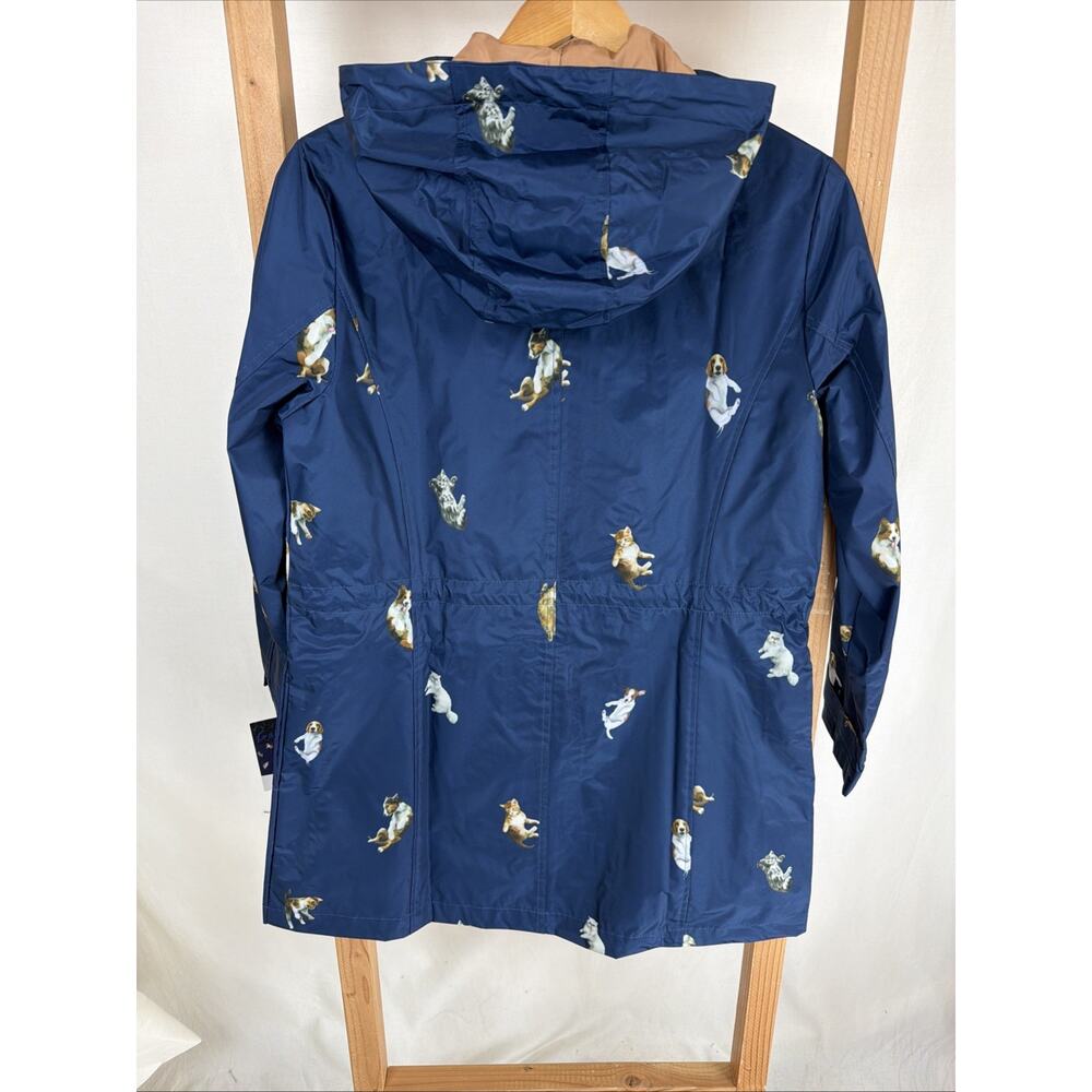 NWT Galleria Navy Cat Dog Print Long Sleeve Hooded Mid Length Raincoat Size S - Picture 5 of 6